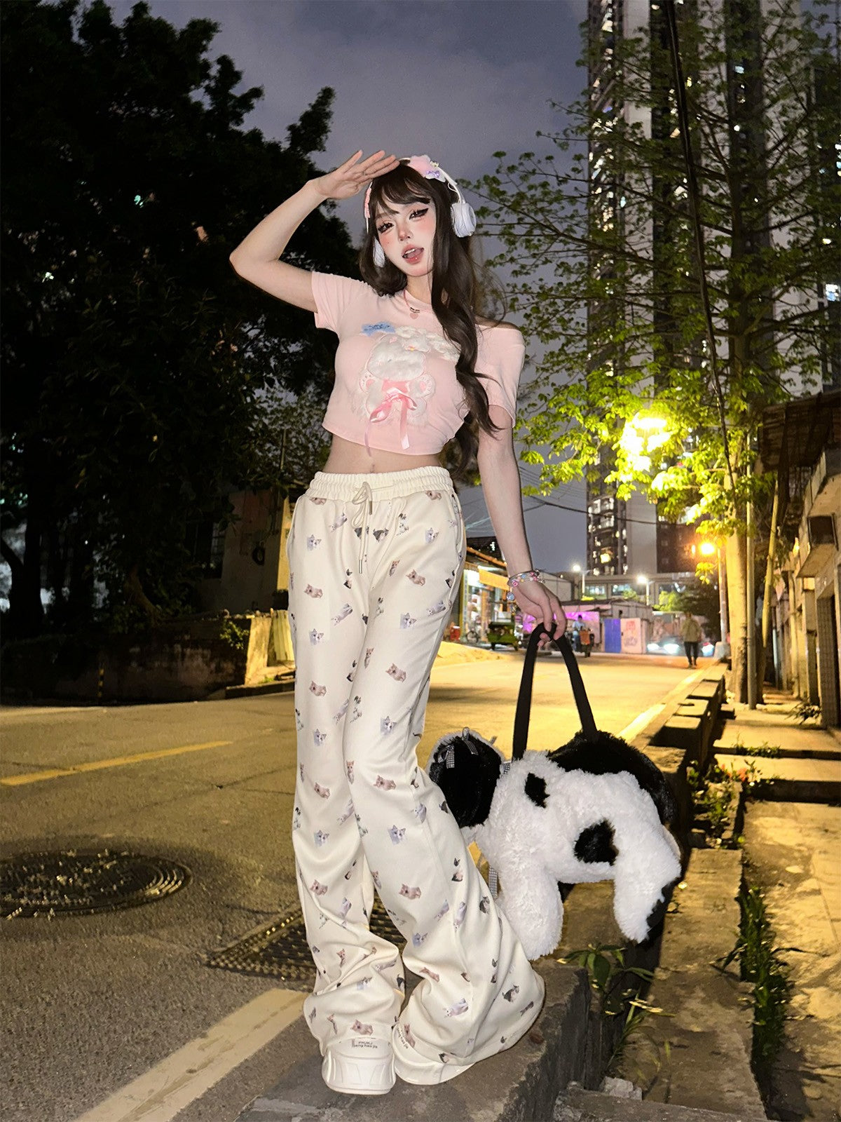 Kawaii Cat Print Flared Lounge Pants – Slim Fit Drawstring Waist Casual Long Pants