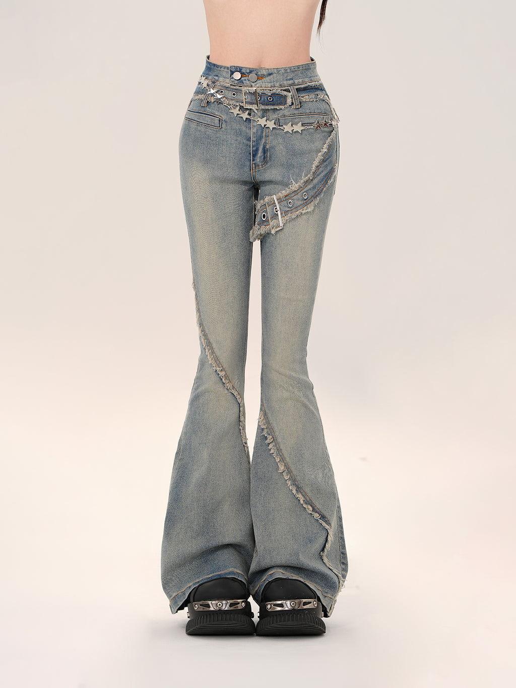 Y2K High Waist Flared Jeans – Vintage Raw Hem Slim Fit Denim Pants