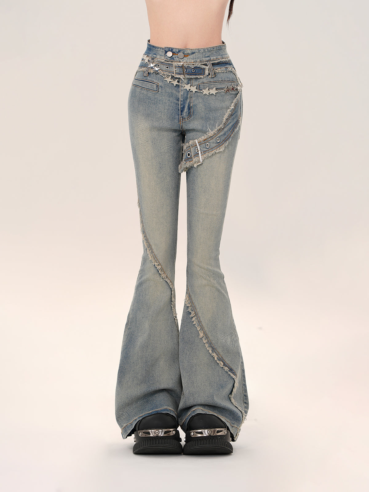 Y2K High Waist Flared Jeans – Vintage Raw Hem Slim Fit Denim Pants
