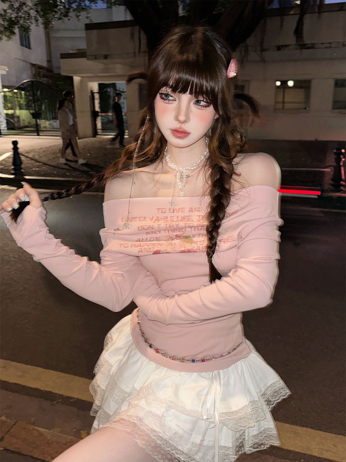 Kawaii Off-Shoulder Slim Fit Long Sleeve Top – Y2K Sweet Girl Crop Tee