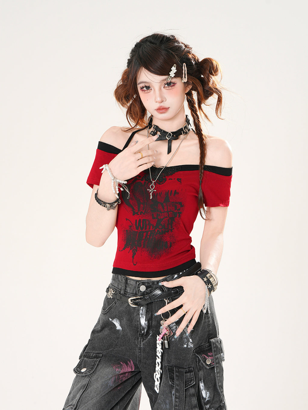 Y2K Lace Halter Off-Shoulder Crop Top – Street Style Short Sleeve Tee