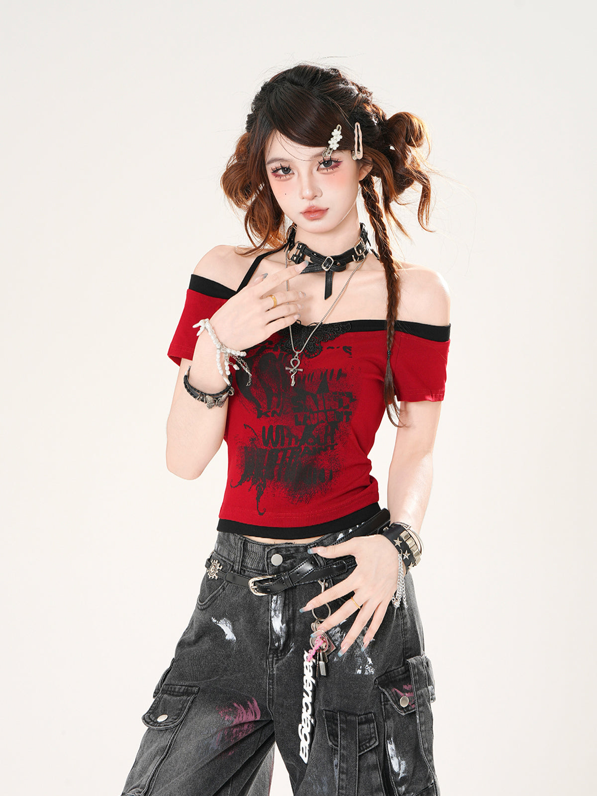 Y2K Lace Halter Off-Shoulder Crop Top – Street Style Short Sleeve Tee