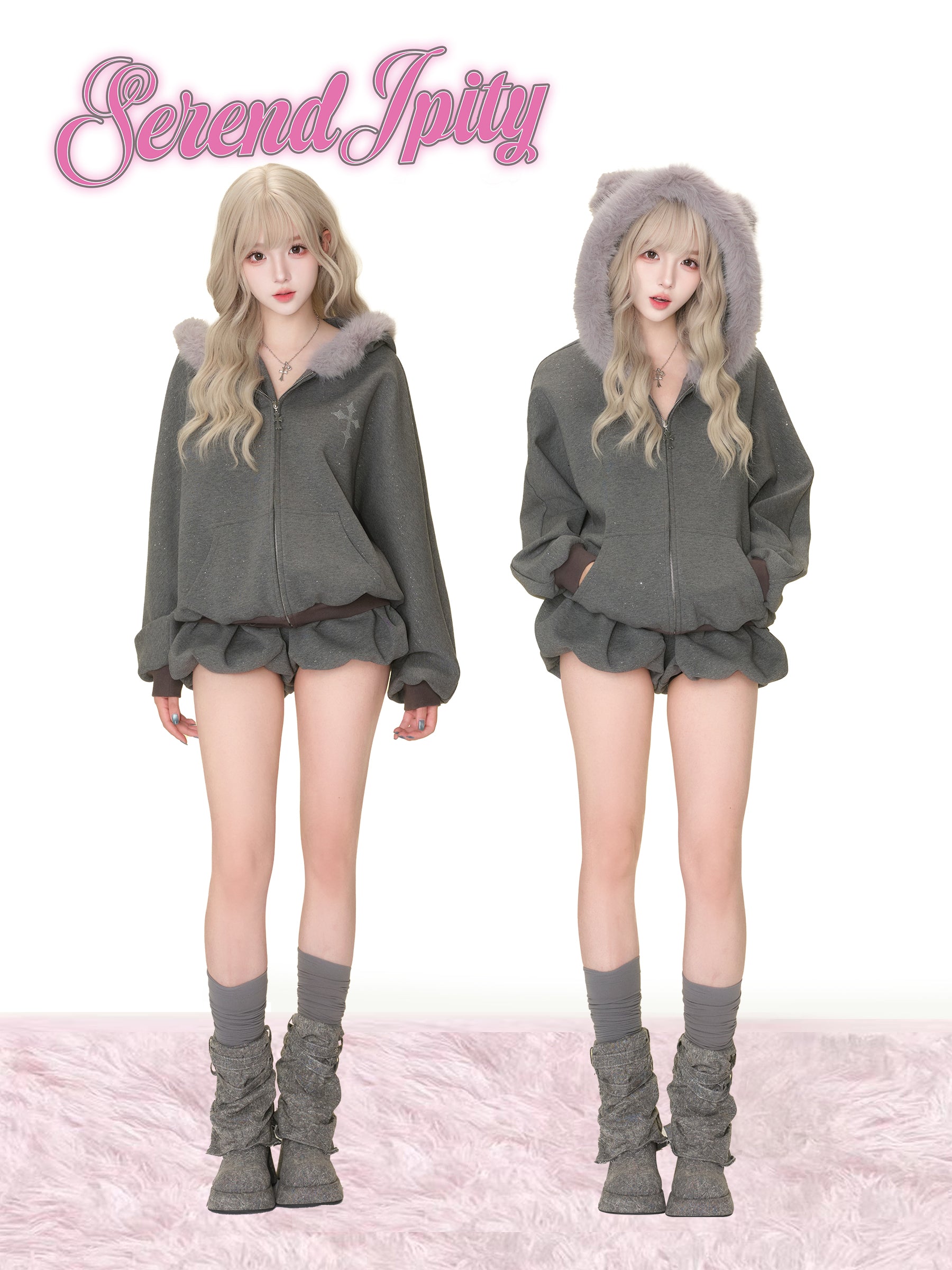 【Daily Series】Galaxy Angel Glitter Set – Gray Sparkle Hoodie + Shorts