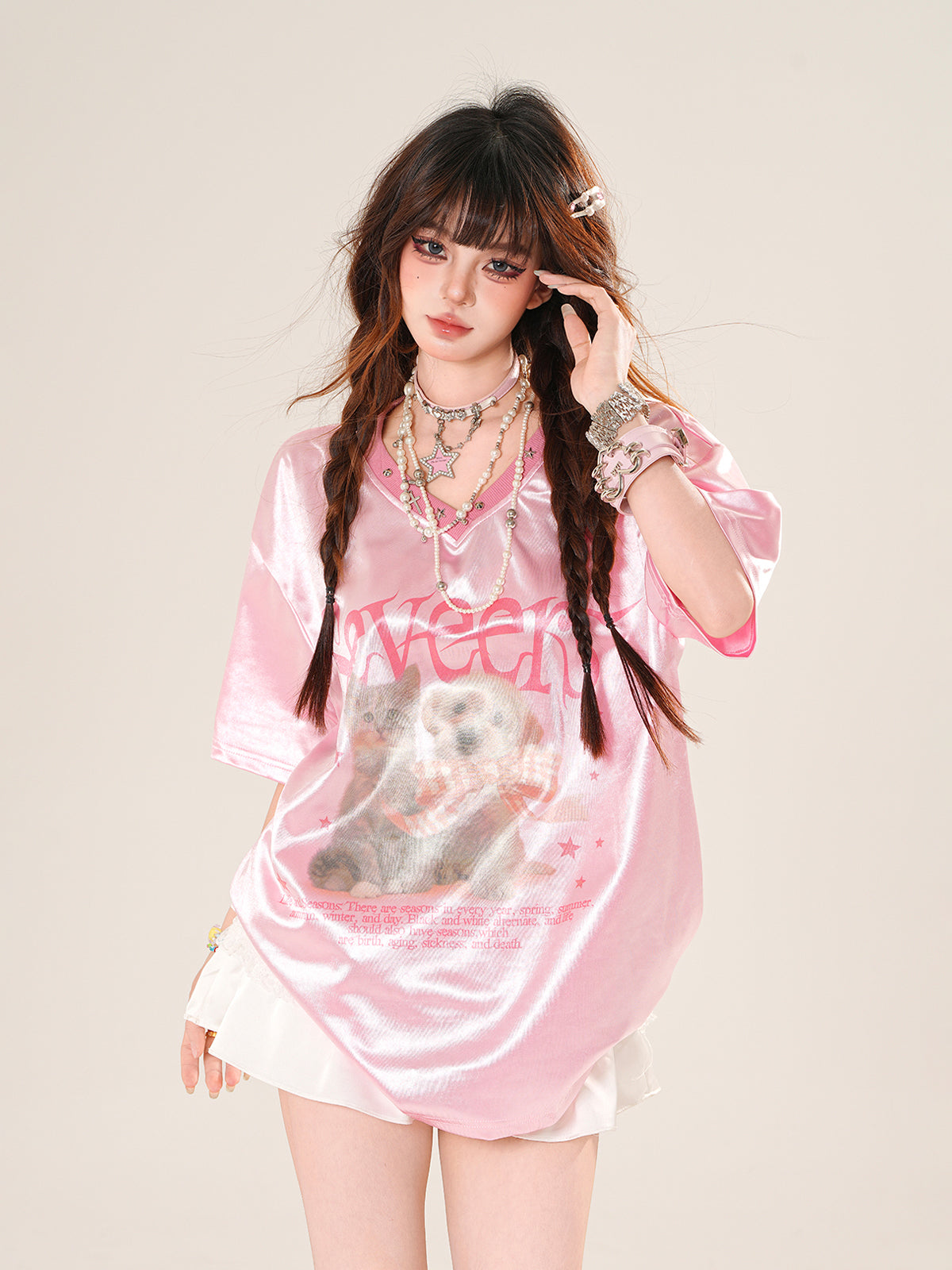 Sweet Satin Cat Print T-Shirt – Loose V-Neck Short Sleeve Top