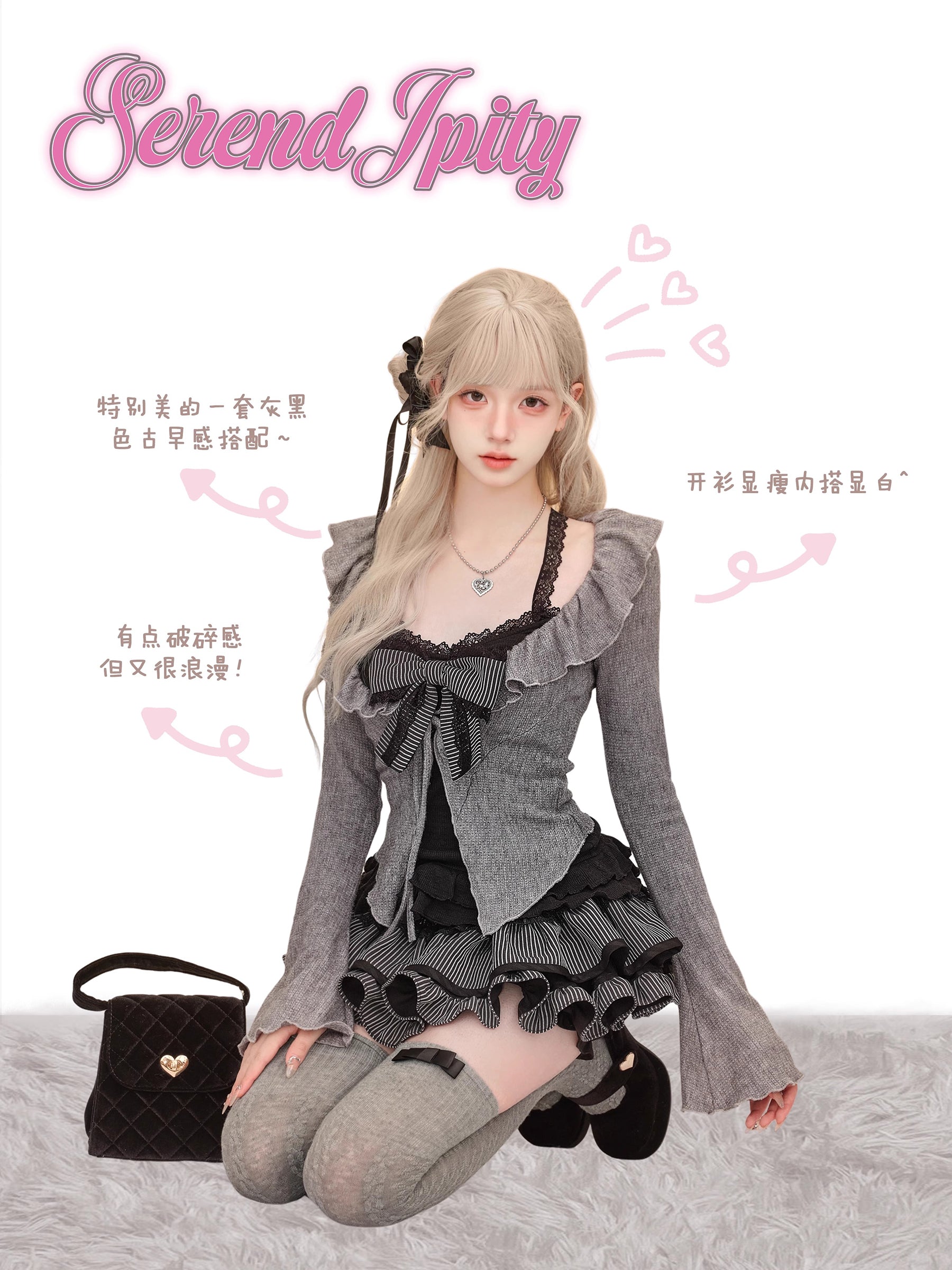 Yami Kawaii Sweet-Goth Knit Cardigan & Tiered Mini Skirt — Dark Coquette Vibes