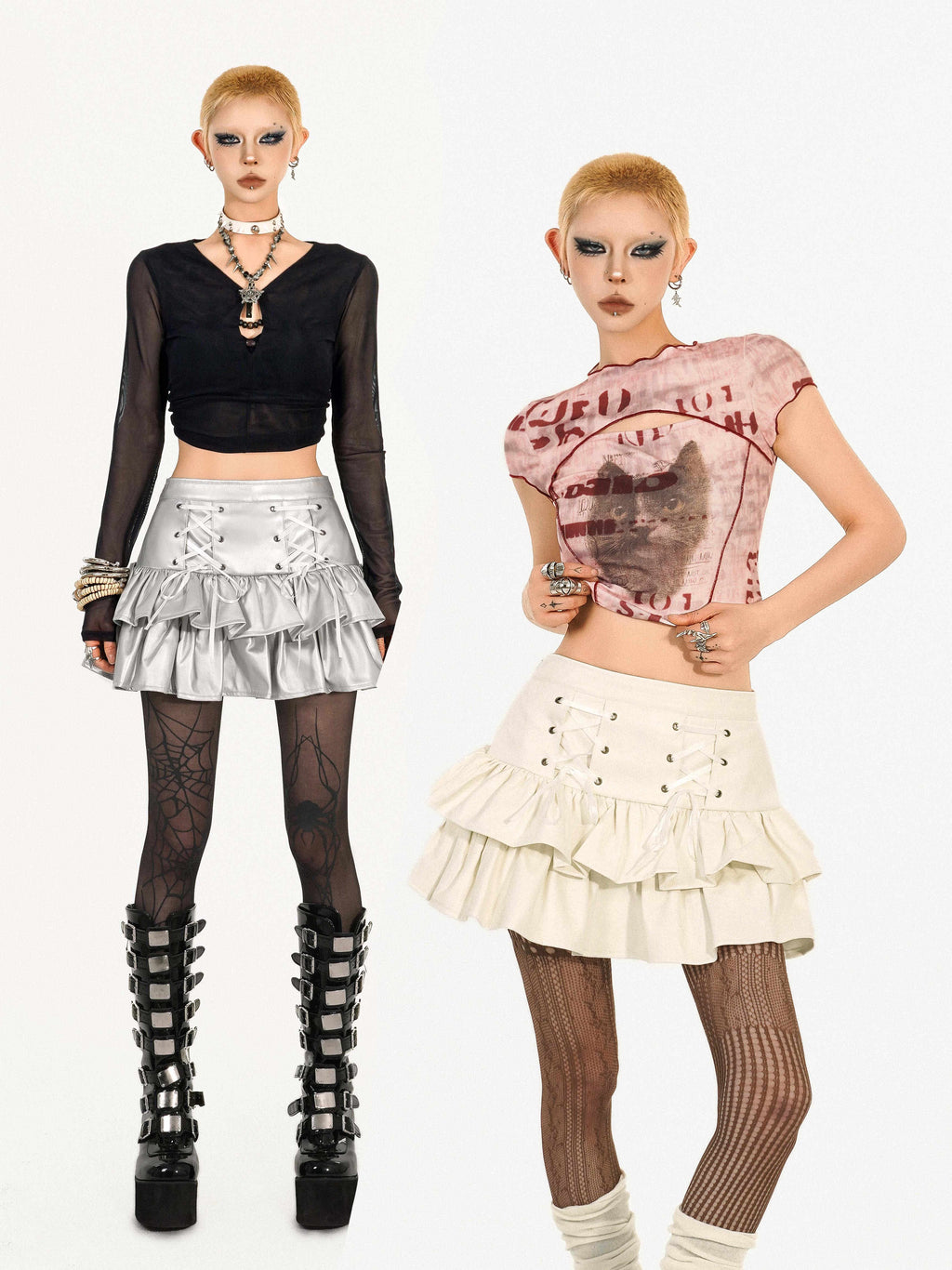 Y2K Grunge Coquette Mini Skirt — Lace-Up Layered Ruffle Skirt | Punk Aesthetic Femcore Fashion
