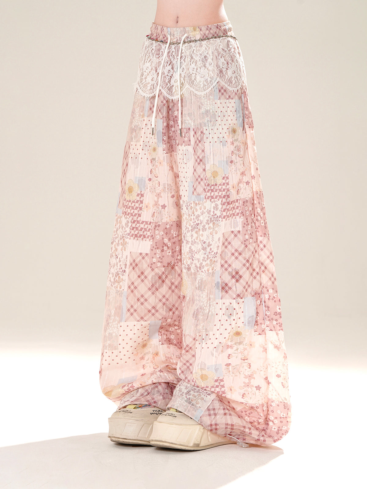 Pink Patchwork Chiffon Wide-Leg Pants – Loose Relaxed Fit with Lace Waist Detail
