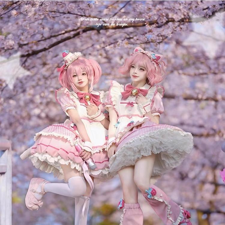Sweet Strawberry Lolita Dress – Pink Puff Sleeve OP with Apron Bow Design