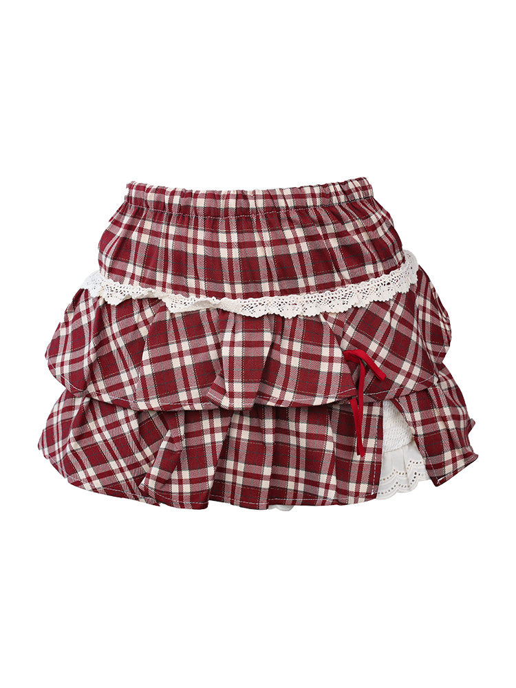 Vintage Coquette Plaid Set — Red Ruffle Cardigan, Lace Corset Camisole & Pleated Mini Skirt | Romantic Academia Aesthetic