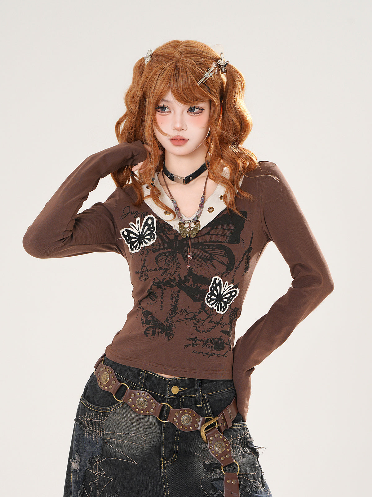 Y2K V-Neck Long Sleeve Top – Slim Fit Butterfly Print Streetwear Shirt