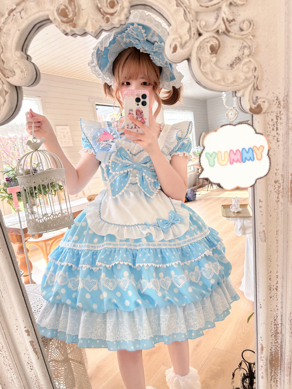 Sweet Lolita Patisserie OP Set— Heart Lace, Polka Dots, Tiered Cupcake Skirt, Coquette/Dollcore Vibes