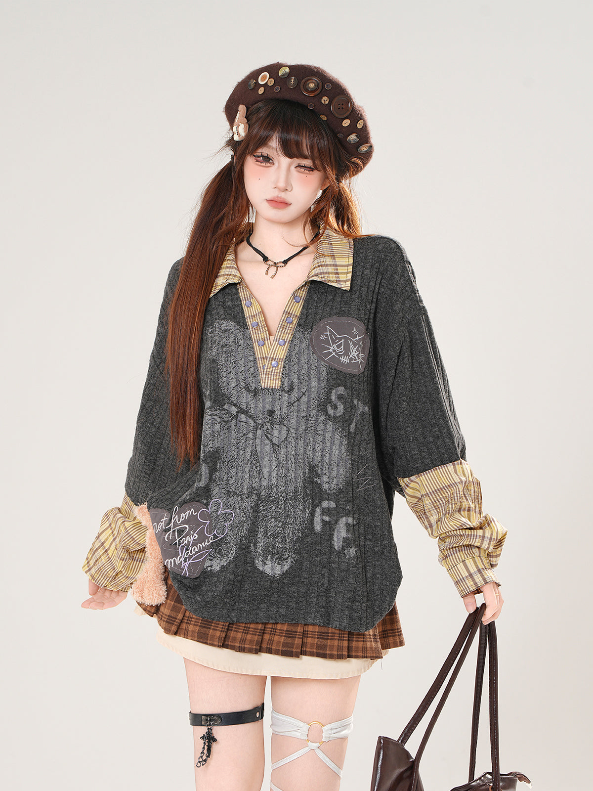 Vintage Kawaii Layered Top – Fake Two-Piece Grunge Academia Shirt