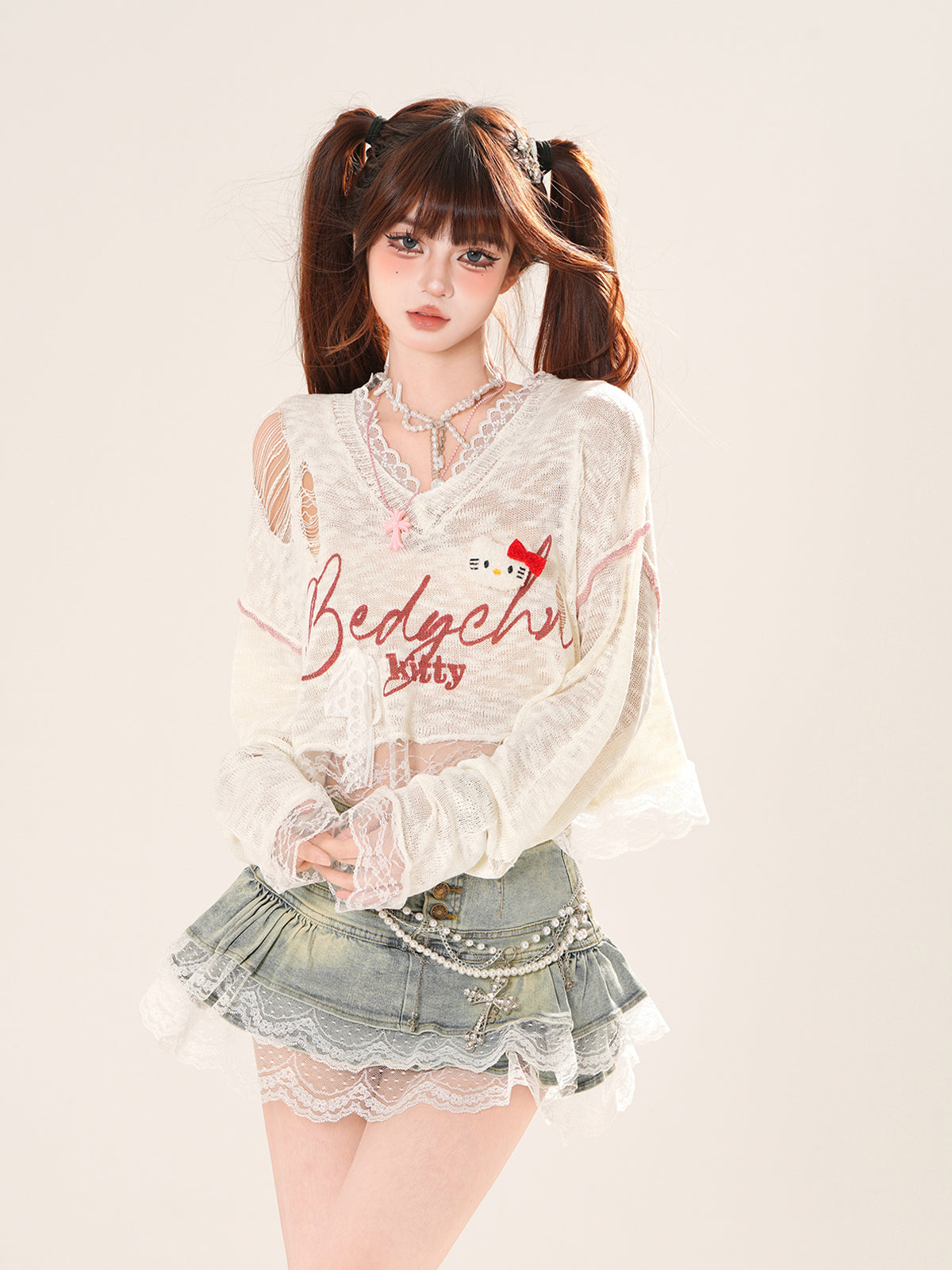 Kawaii Lace Sheer Crop Top – Soft Girl See-Through Long Sleeve Tee