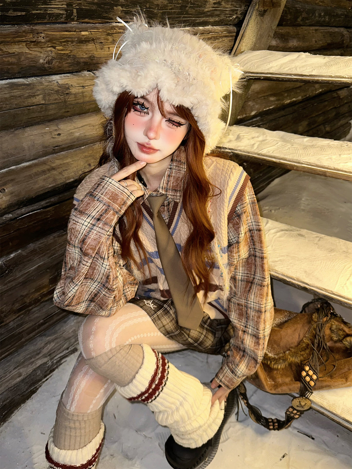 Preppy Layered Knit Sweater – Kawaii Academia Loose Plaid Knit Top