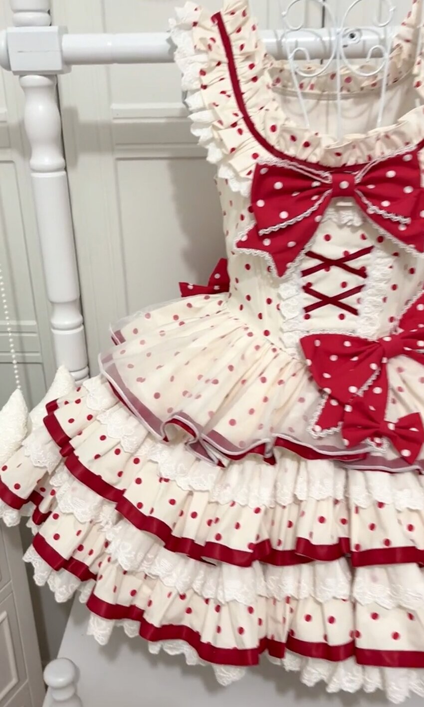 Sweet Polka Dot Lolita JSK – Red Bow Princess Dress with Ruffles and Lace
