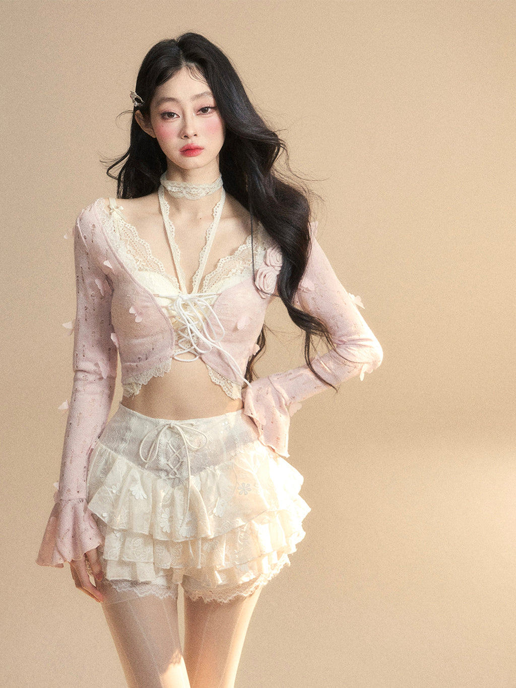 Sweetheart Doll Lace Hollow-Out Knit Set – Halter Long Sleeve Slim Fit Top