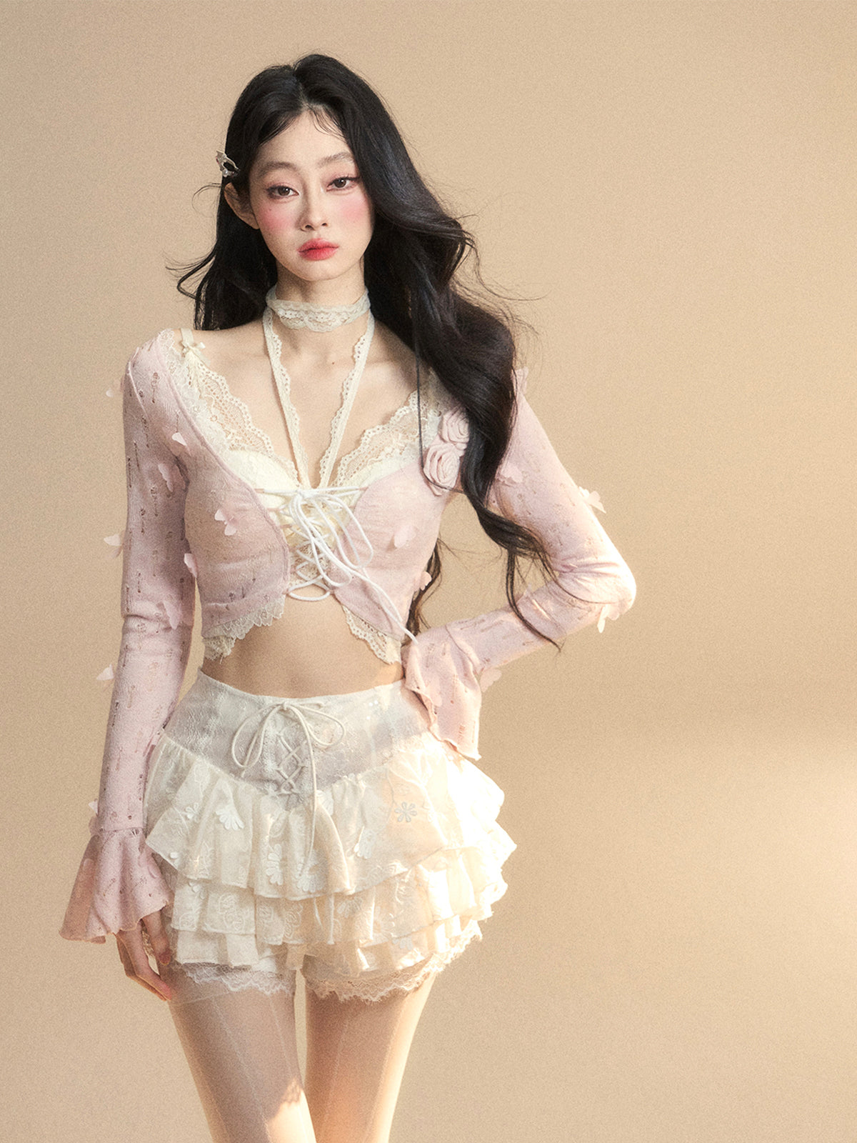 Sweetheart Doll Lace Hollow-Out Knit Set – Halter Long Sleeve Slim Fit Top