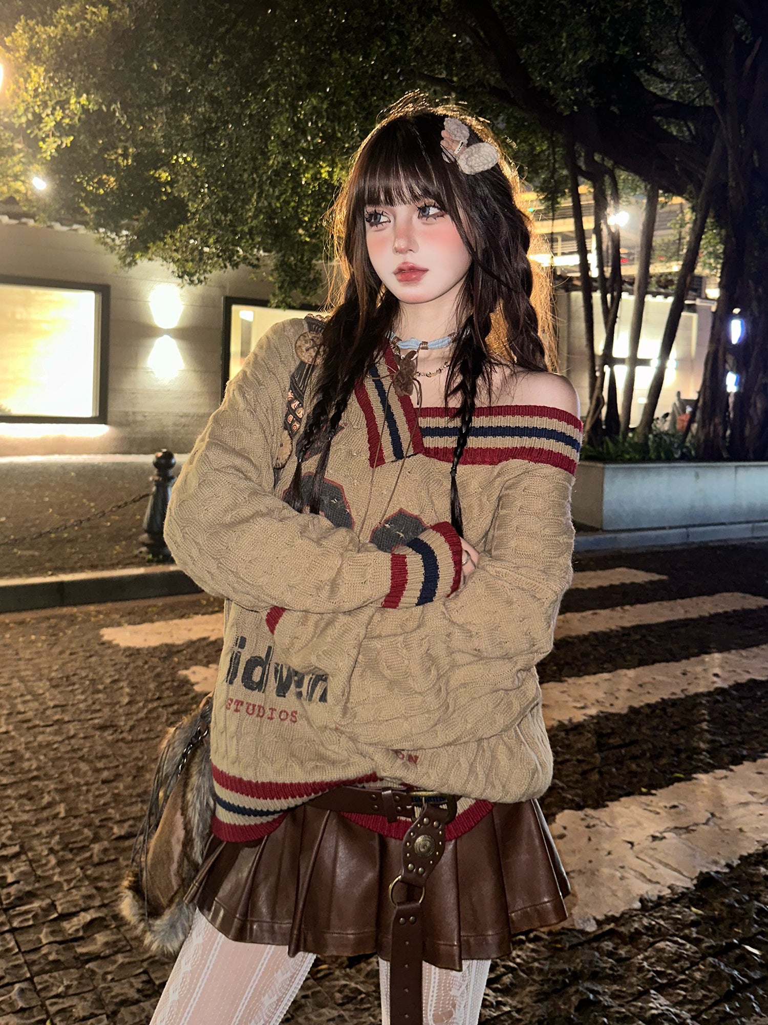 Kawaii Off-Shoulder Knit Sweater – Vintage Varsity Loose Cable V-Neck Pullover