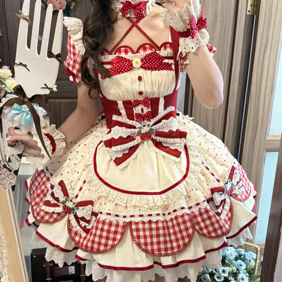 Strawberry Picnic Lolita OP – Red Gingham Sweet Berry Dress with Lace and Bows