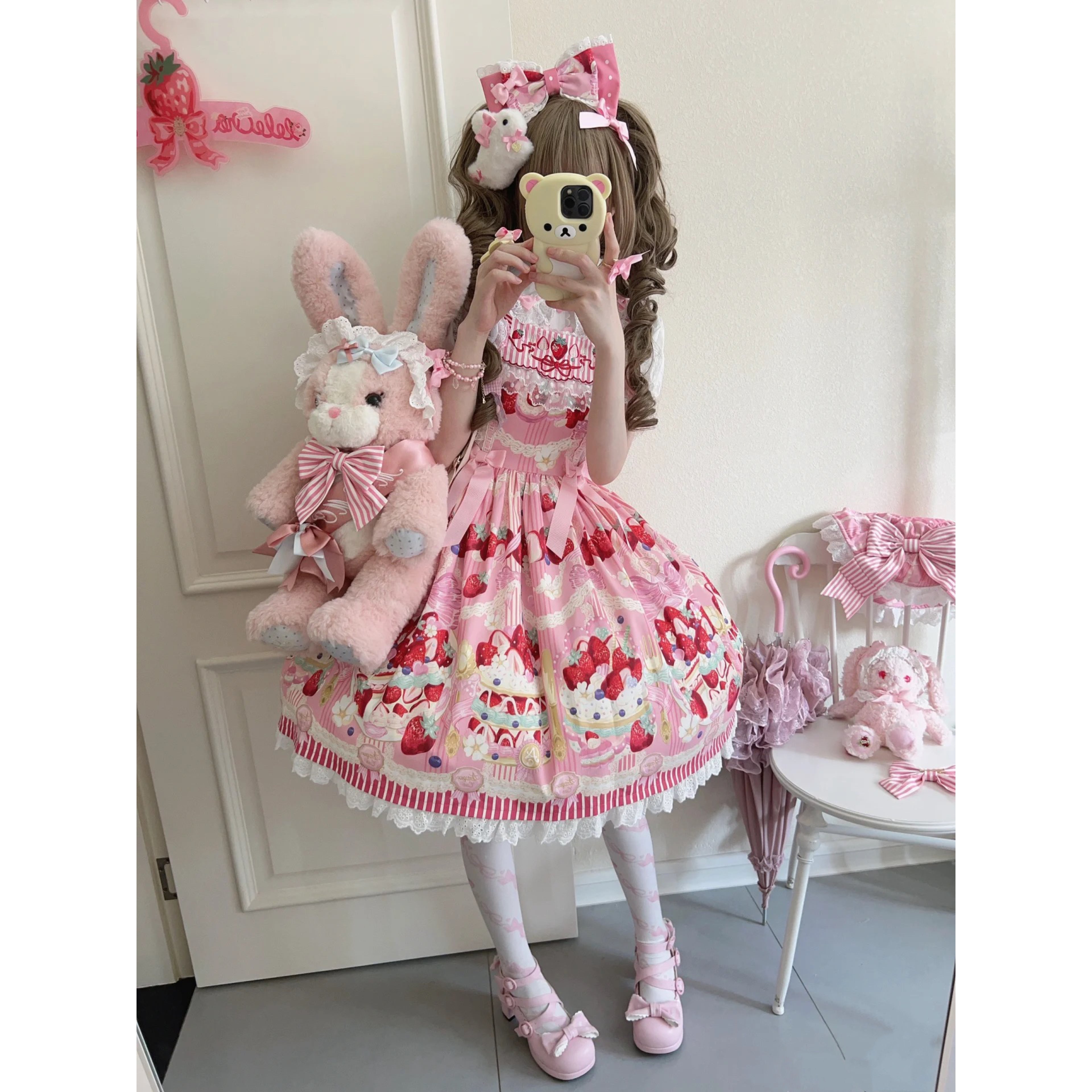 Lolita Strawberry Cake Print Pink JSK Dress | Cute Doll-Style Princess Sundress