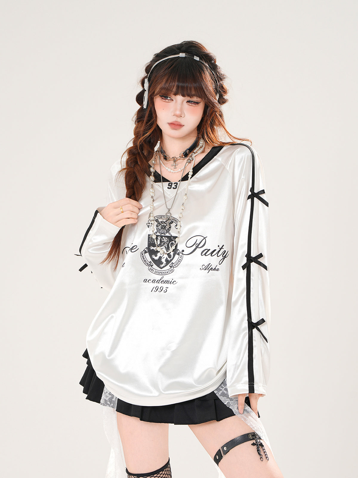 Satin Bow V-Neck Sweatshirt – Vintage Chic Oversized Top