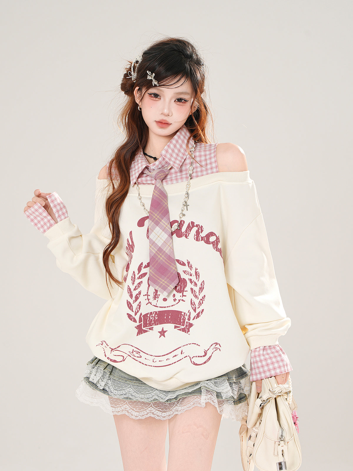 Preppy Kawaii Off-Shoulder Sweatshirt – Fake Two-Piece Plaid Layered Top
