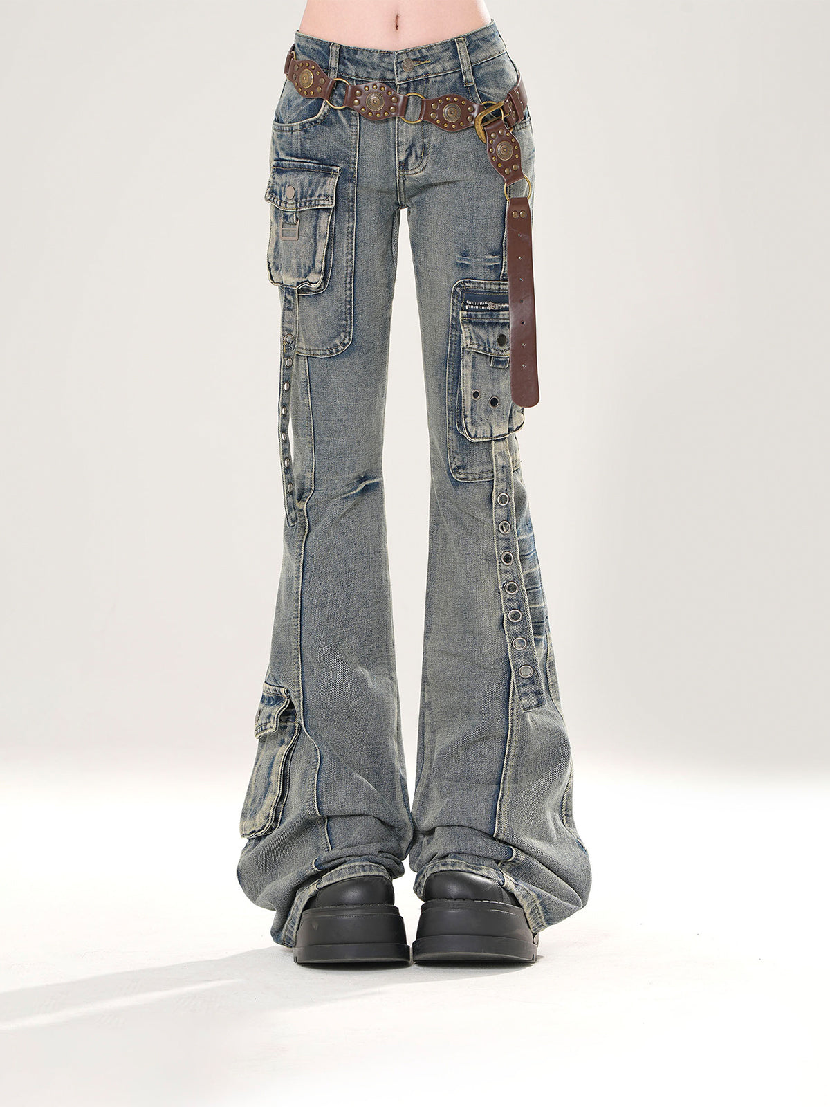 Y2K Slim Fit Cargo Jeans – High Waist Flare Denim Pants