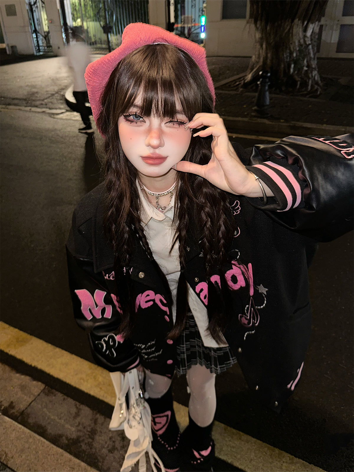 Kawaii Fuzzy Embroidered Varsity Jacket – Oversized Sweet-Punk Bomber for Fall/Winter