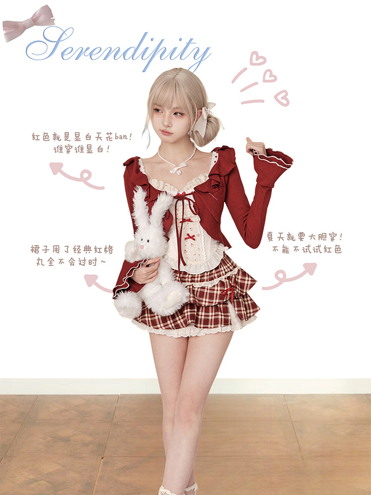 Vintage Coquette Plaid Set — Red Ruffle Cardigan, Lace Corset Camisole & Pleated Mini Skirt | Romantic Academia Aesthetic