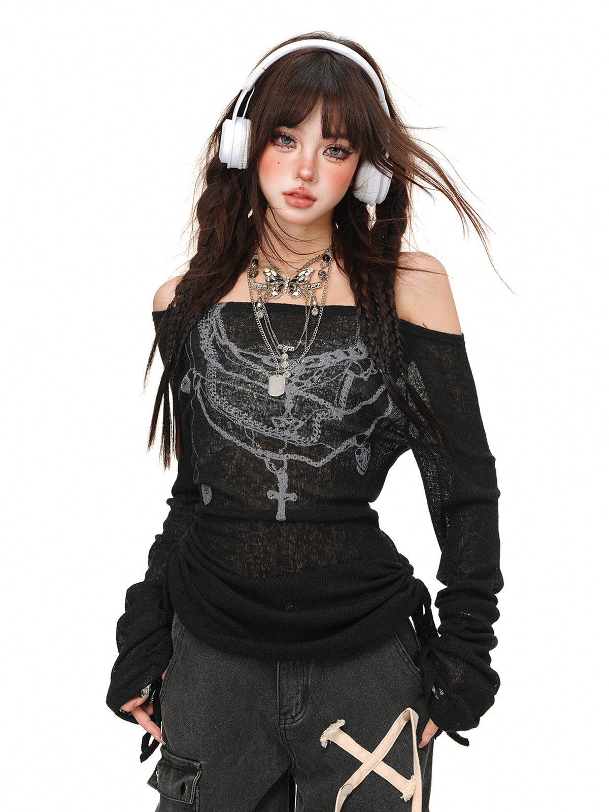 Off-Shoulder Sheer Knit Drawstring Top – Sweet Transparent Long Sleeve Blouse