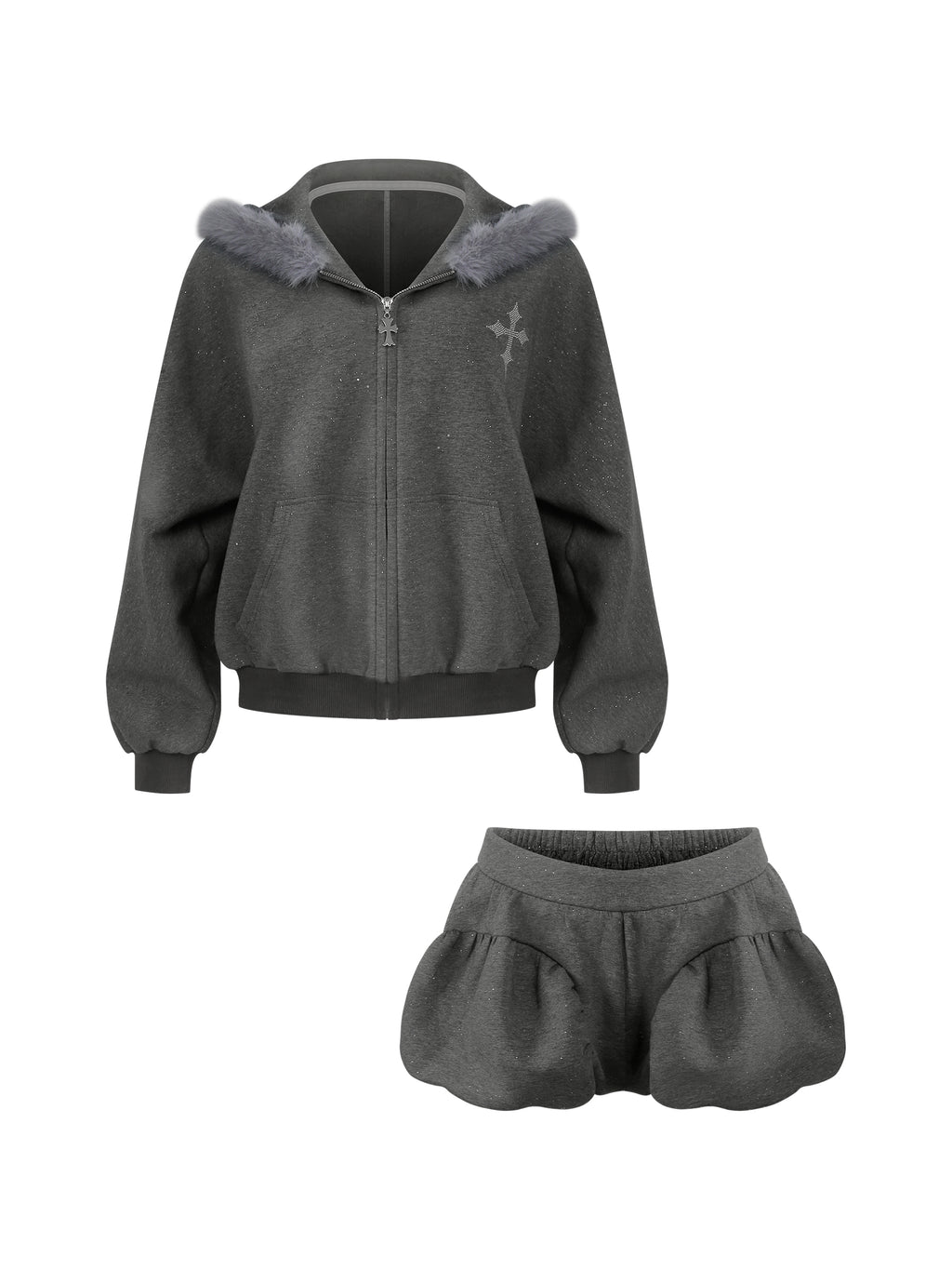 【Daily Series】Galaxy Angel Glitter Set – Gray Sparkle Hoodie + Shorts