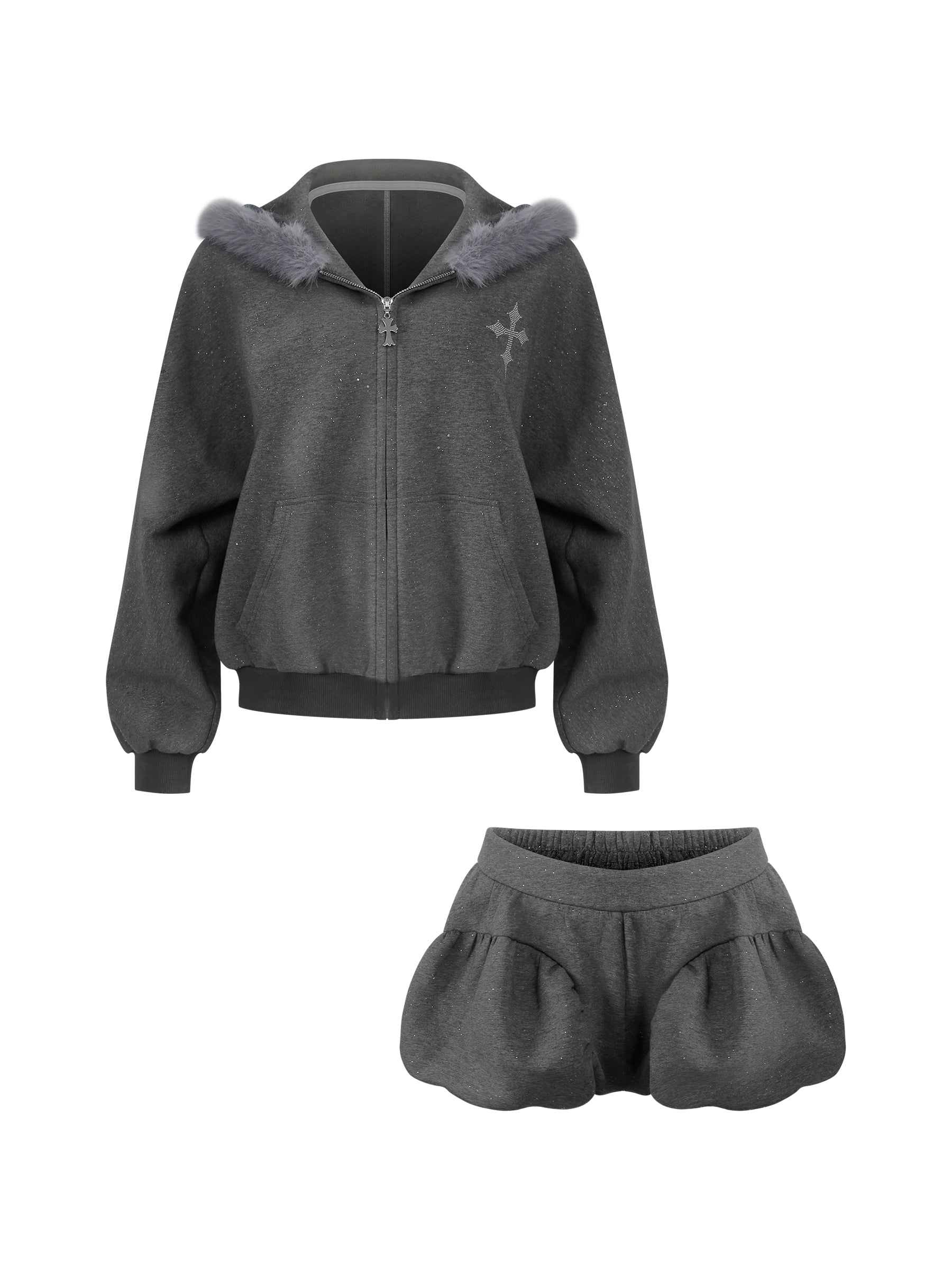 【Daily Series】Galaxy Angel Glitter Set – Gray Sparkle Hoodie + Shorts