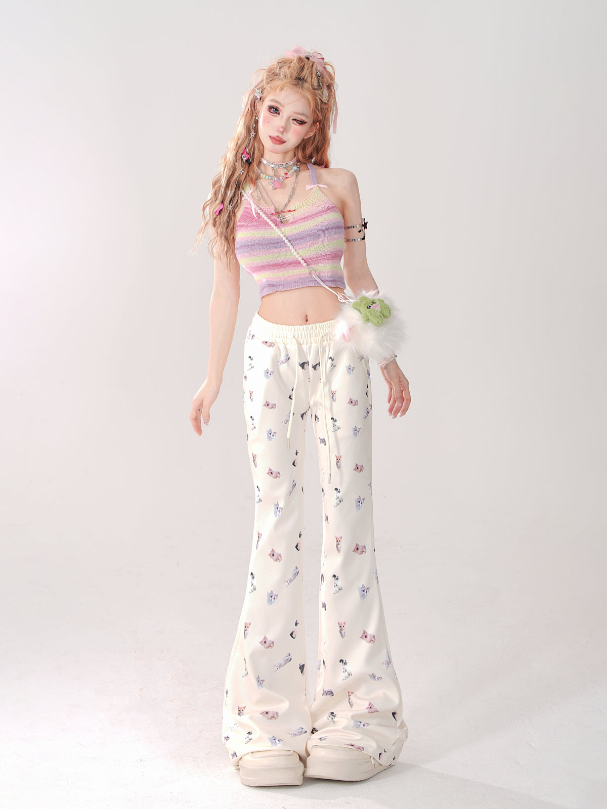 Kawaii Cat Print Flared Lounge Pants – Slim Fit Drawstring Waist Casual Long Pants