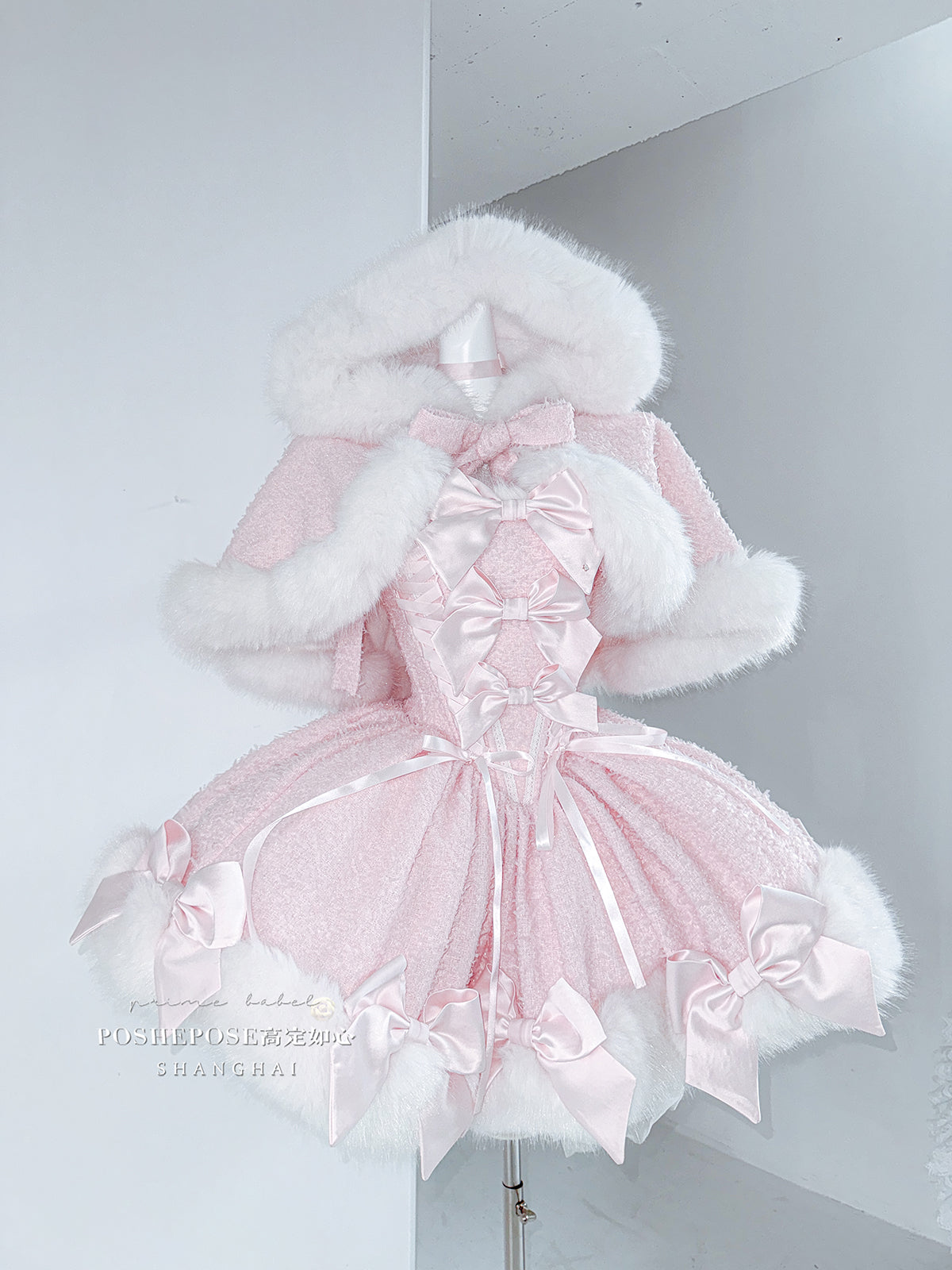 Christmas Lolita Winter Dress with Faux Fur Cape — Milk Pink Bow Princess Snow Dress