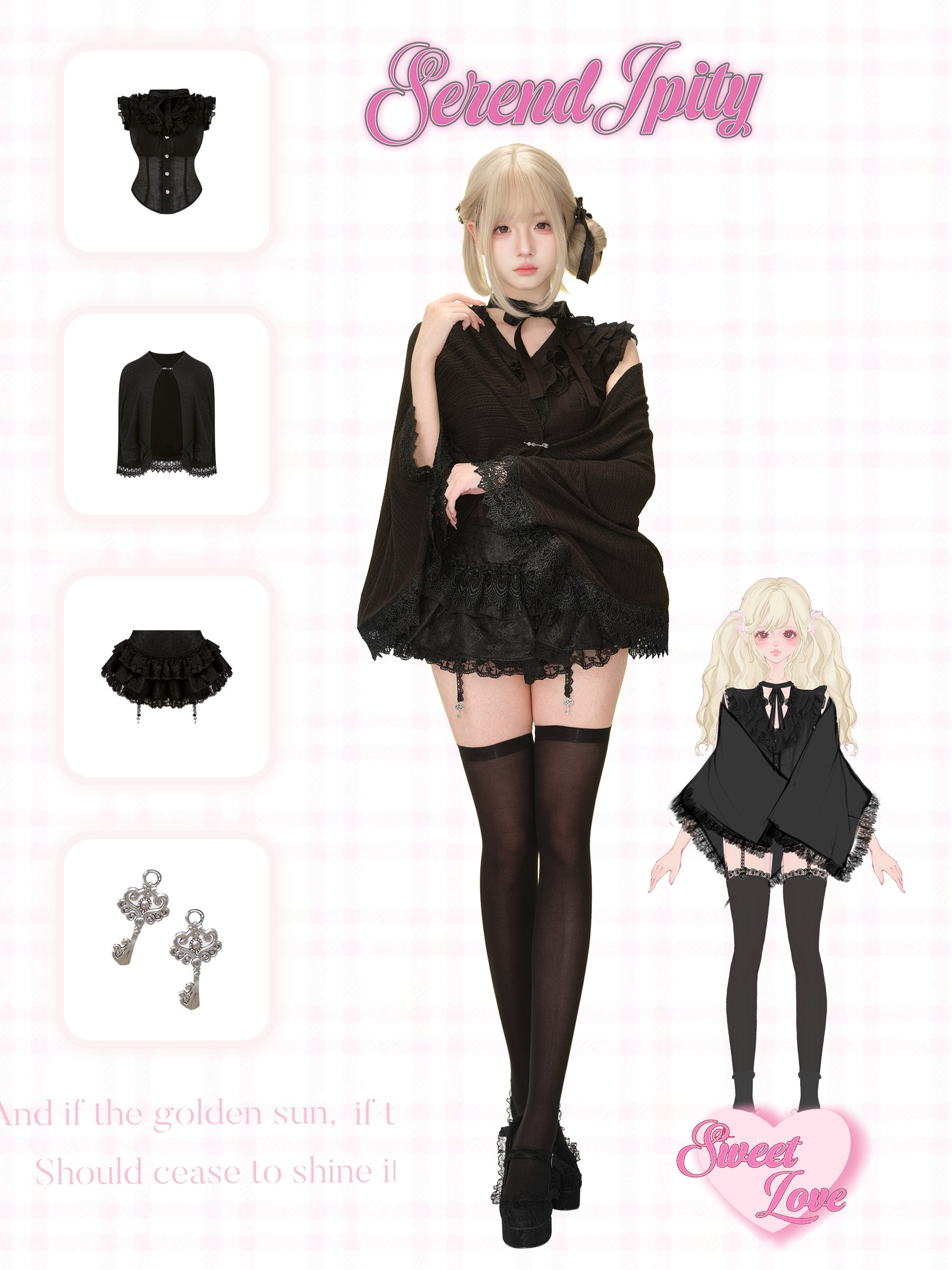 Kawaii Black Lace Ruffle Mini Dress – Sweet Gothic Lolita with Cape & Bow Accents