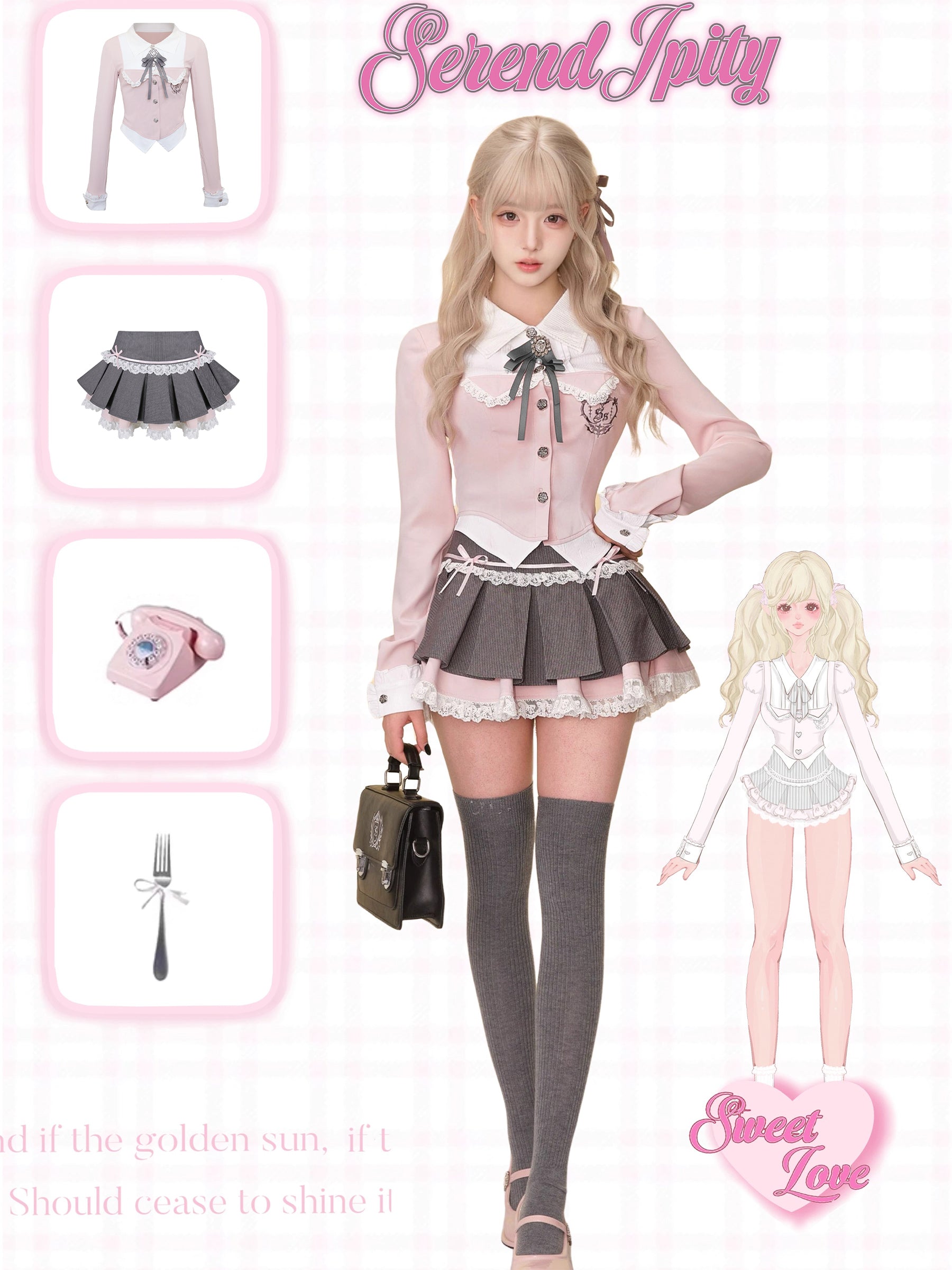 Subversive Kawaii Contrast-Collar Bow Shirt & Micro-Pleated Skirt Set — Clean Girl Prep