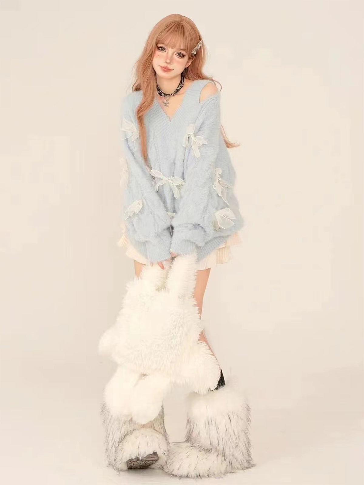 Soft Blue Off-Shoulder Bow Knit Sweater – Cozy V-Neck Winter Pullover
