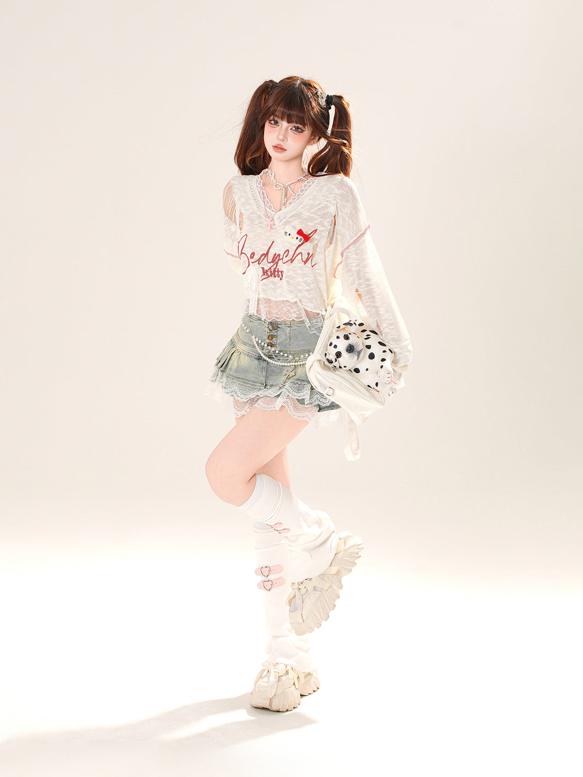 Kawaii Lace Sheer Crop Top – Soft Girl See-Through Long Sleeve Tee