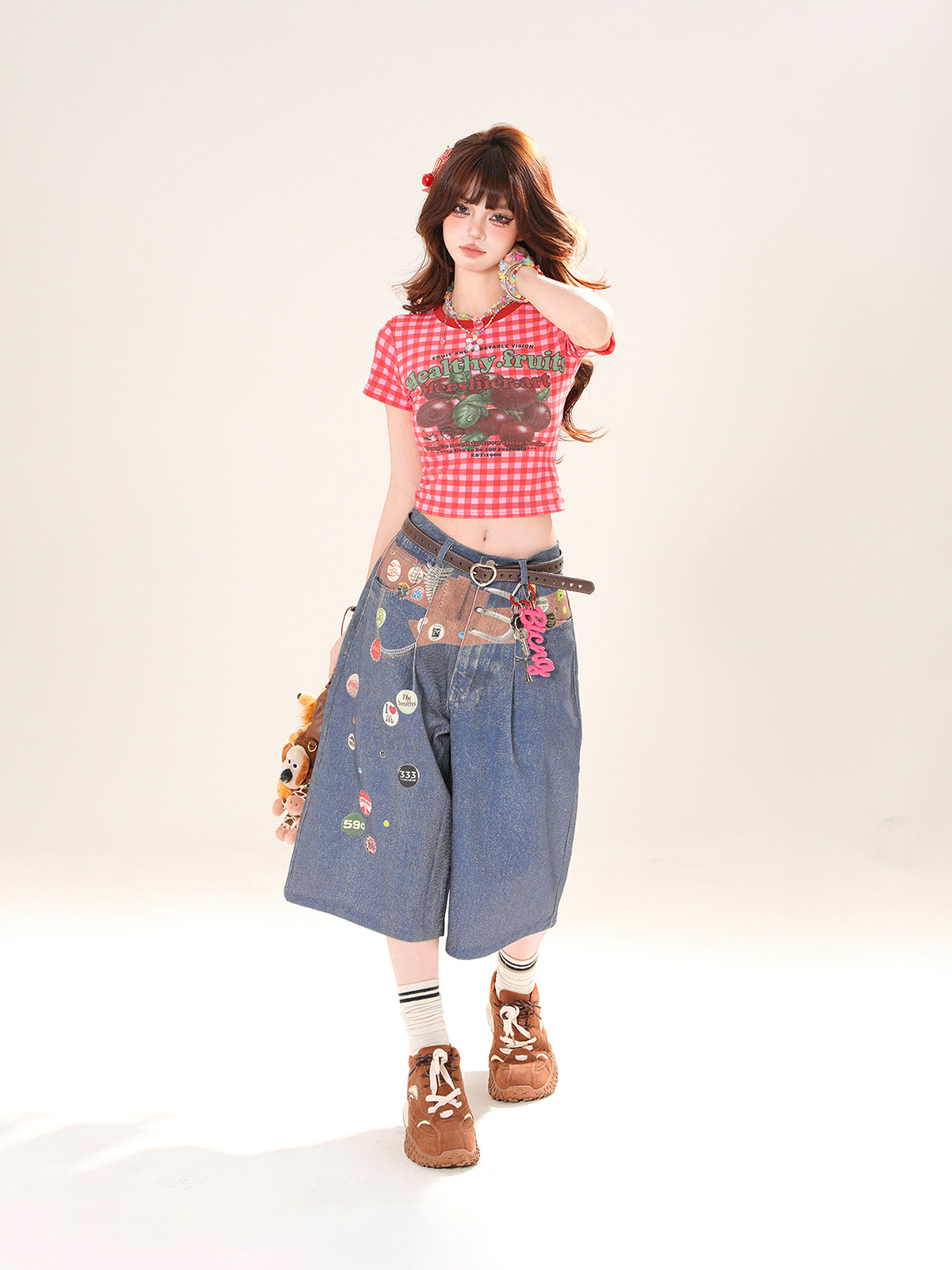 Y2K Gingham Cherry Crop Top – Slim Fit Short Sleeve Tee