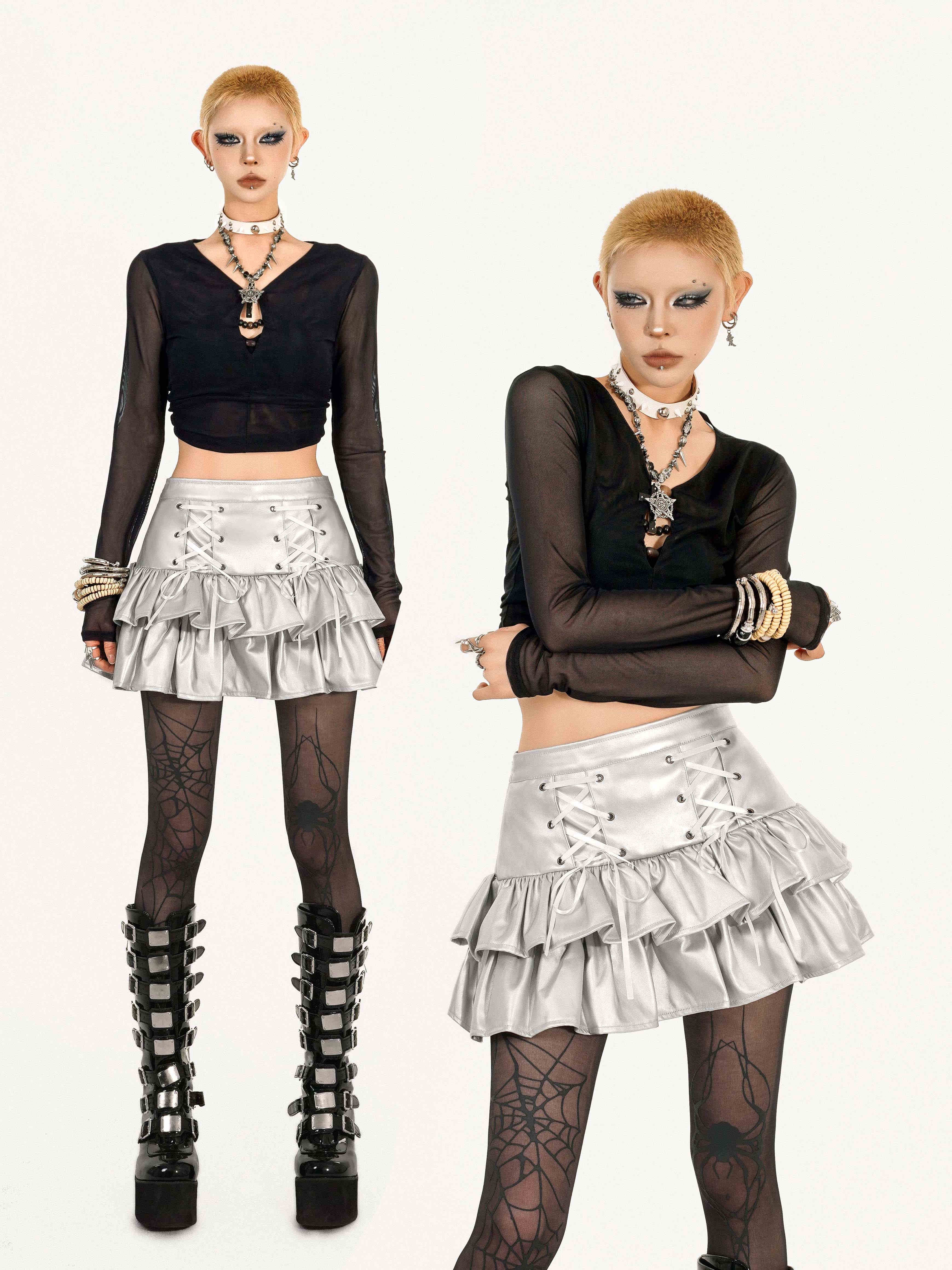 Y2K Grunge Coquette Mini Skirt — Lace-Up Layered Ruffle Skirt | Punk Aesthetic Femcore Fashion