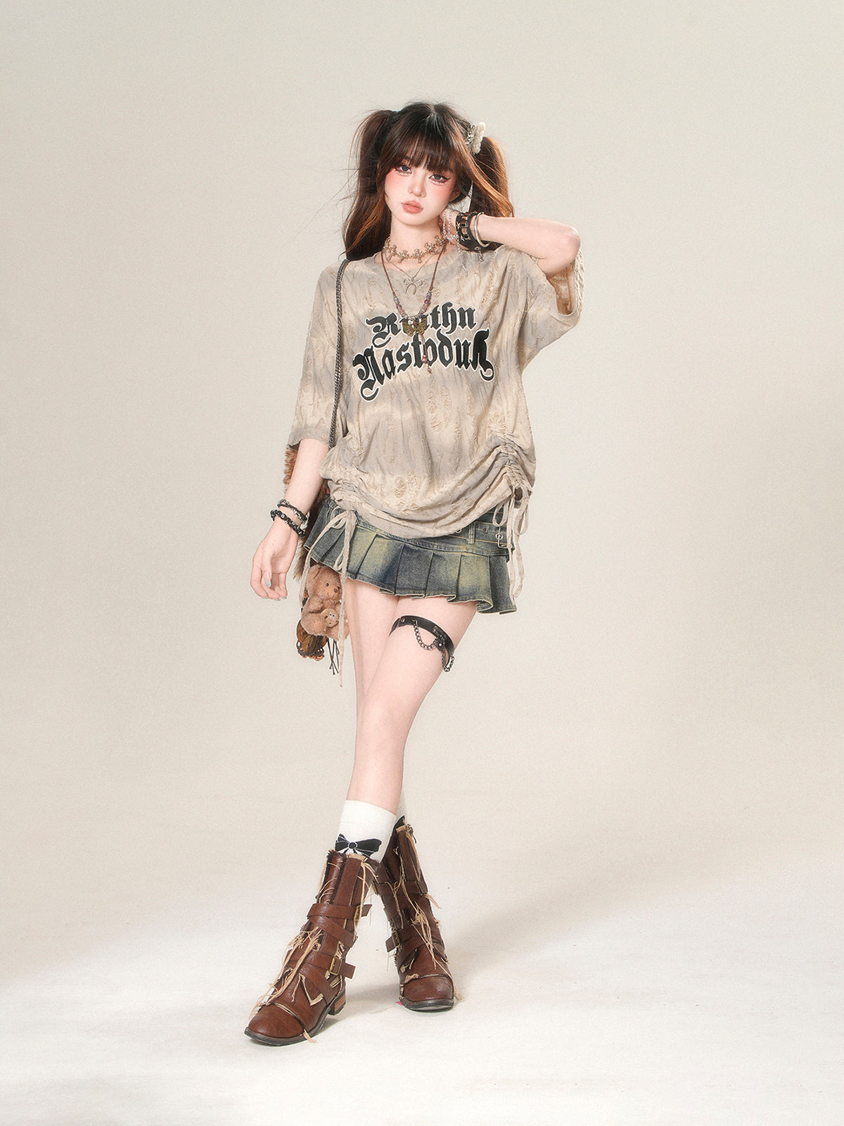 Korean Grunge Drawstring T-Shirt – Loose Fit Vintage Street Top