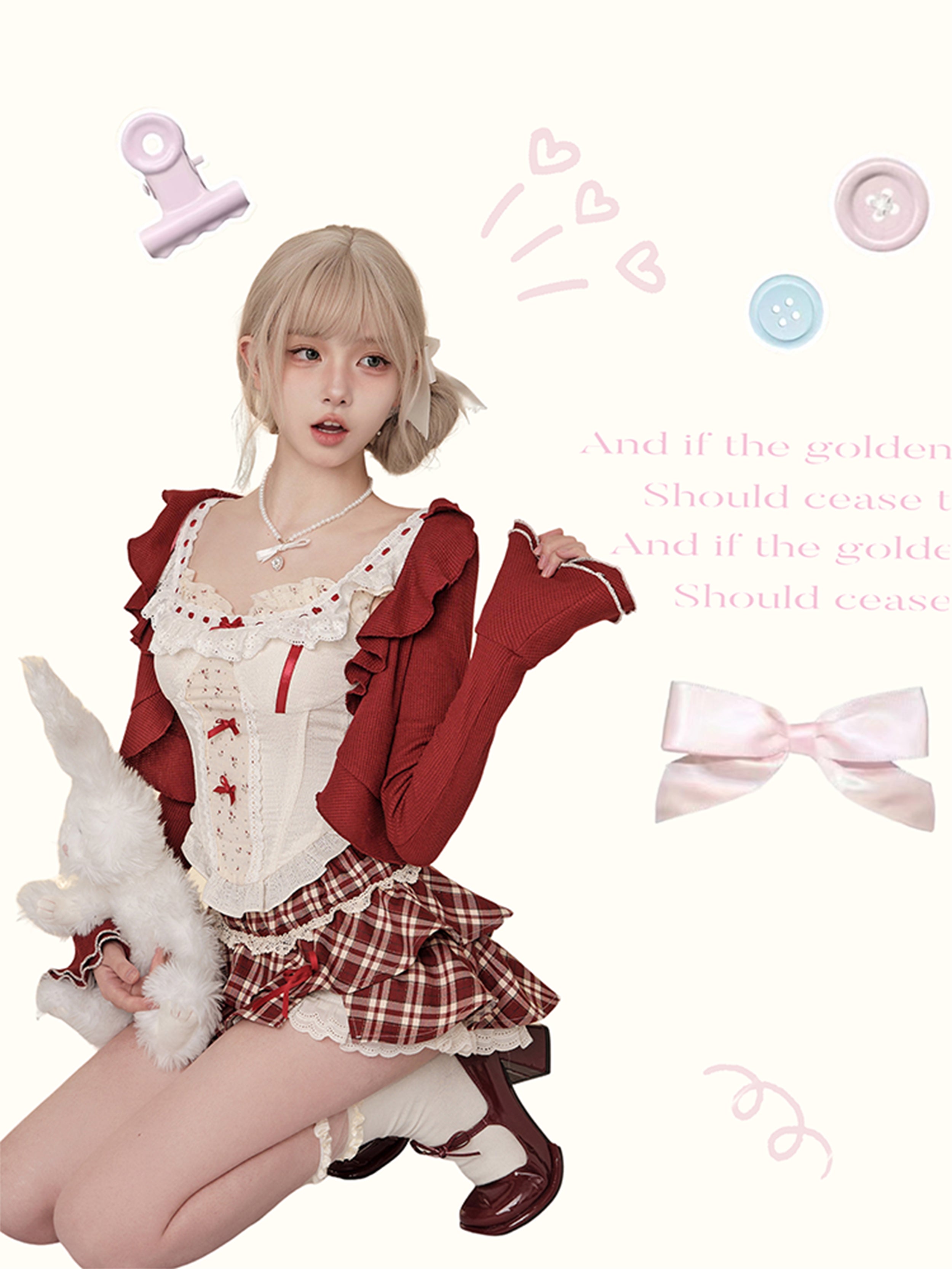 Vintage Coquette Plaid Set — Red Ruffle Cardigan, Lace Corset Camisole & Pleated Mini Skirt | Romantic Academia Aesthetic