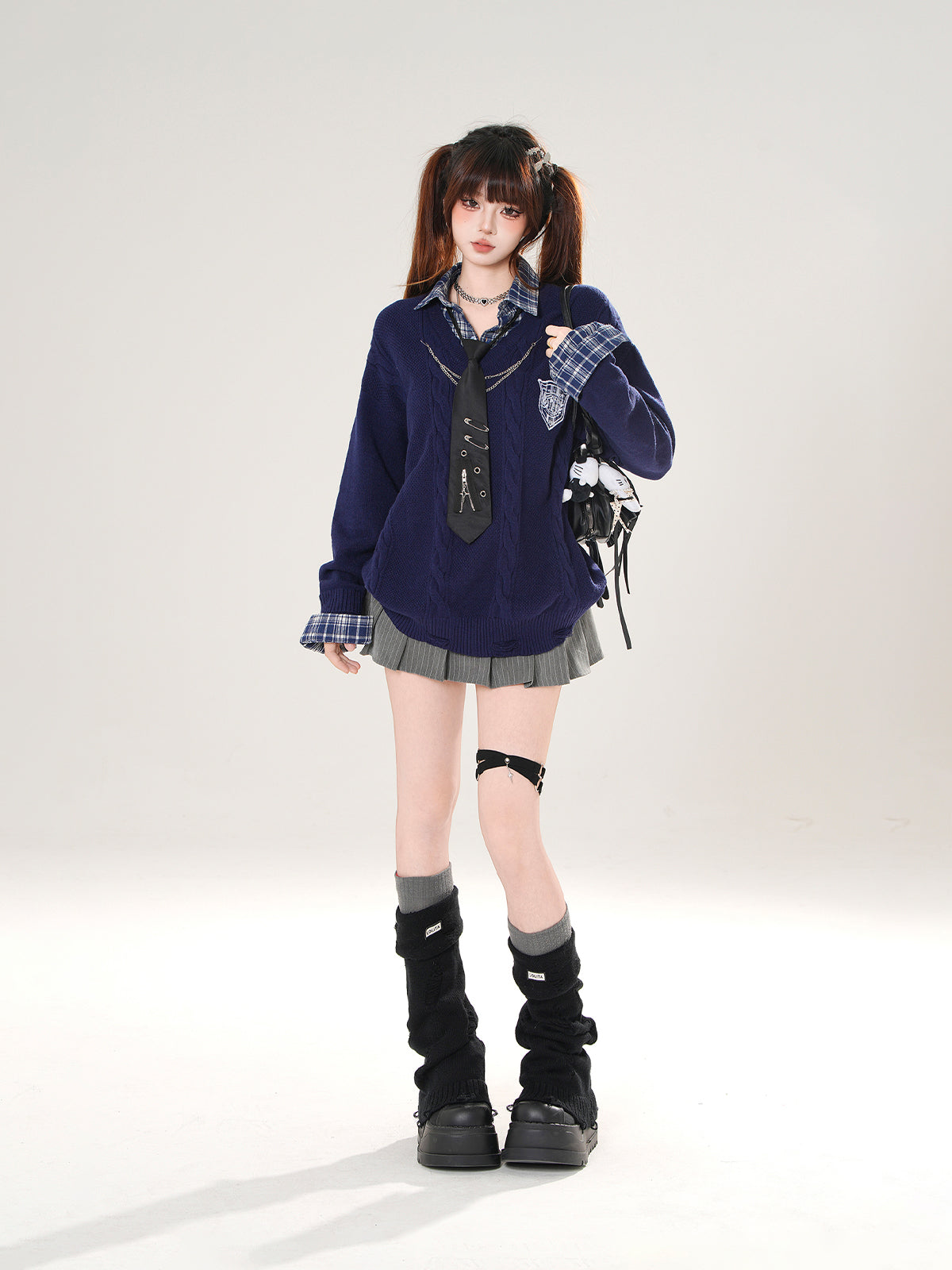 Kawaii Preppy Knit Sweater – Fake Two-Piece Oversized Academic Top with Tie & Patch