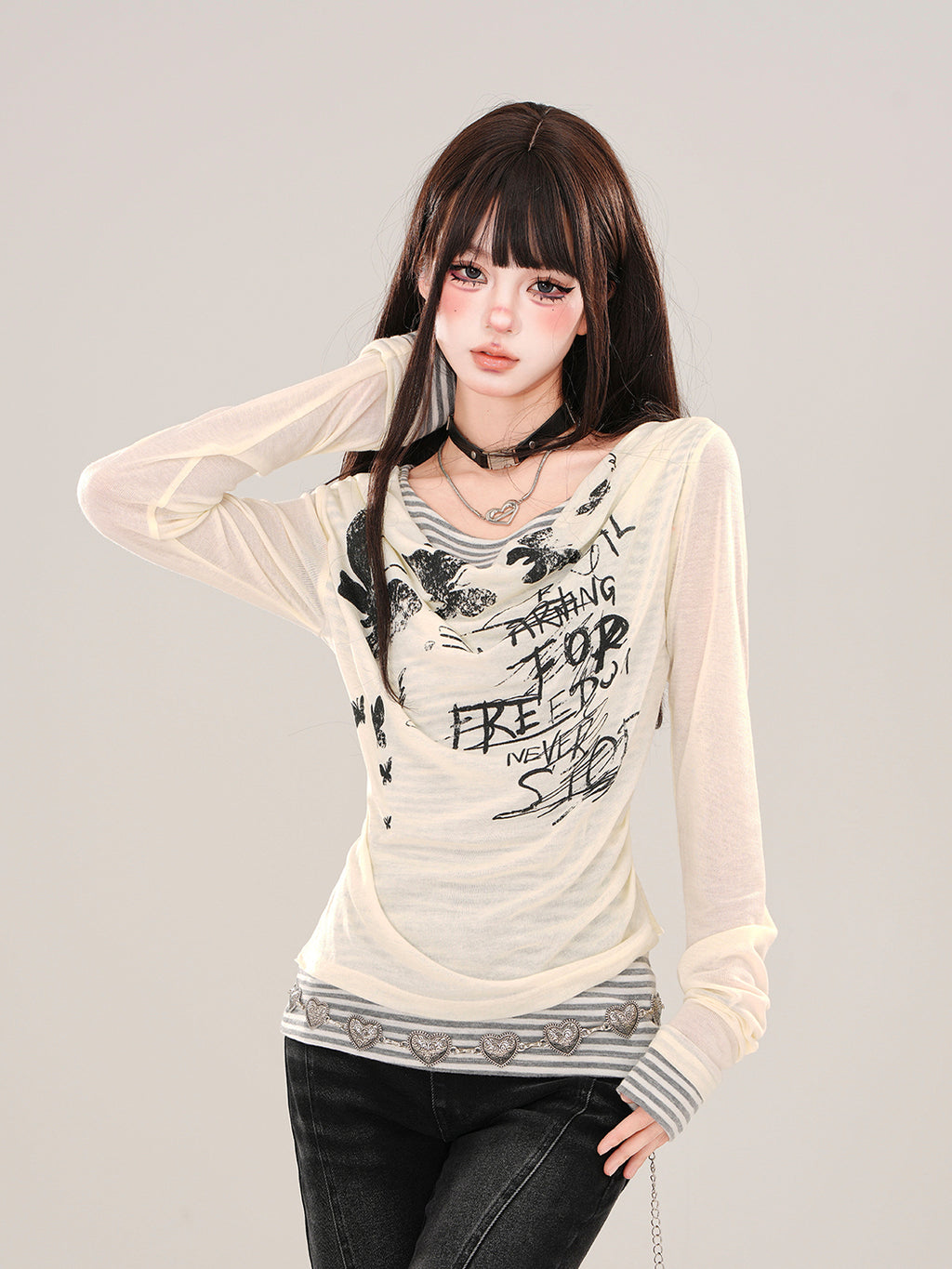 Layered Mesh Long Sleeve Tee – Y2K Slim Fit Double-Layer Top