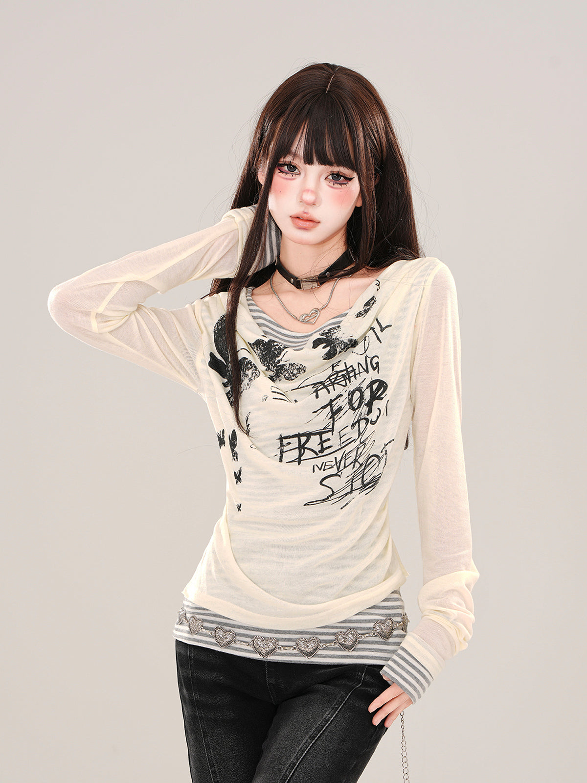Layered Mesh Long Sleeve Tee – Y2K Slim Fit Double-Layer Top