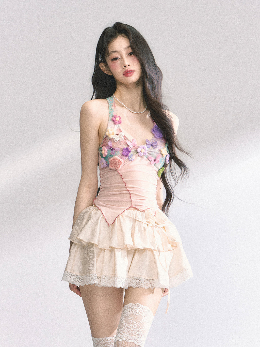 Floral Mesh Halter Crop Top – Sexy Slim Fit Ruched Design