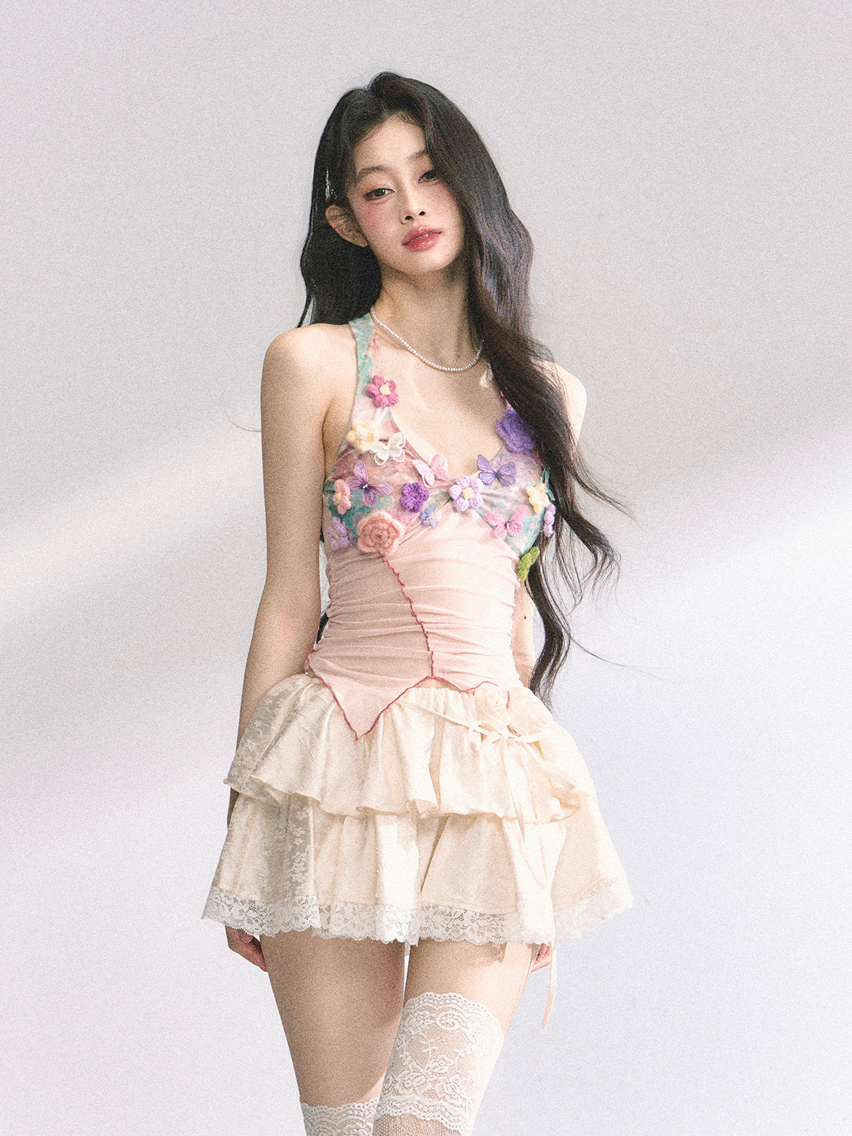 Floral Mesh Halter Crop Top – Sexy Slim Fit Ruched Design