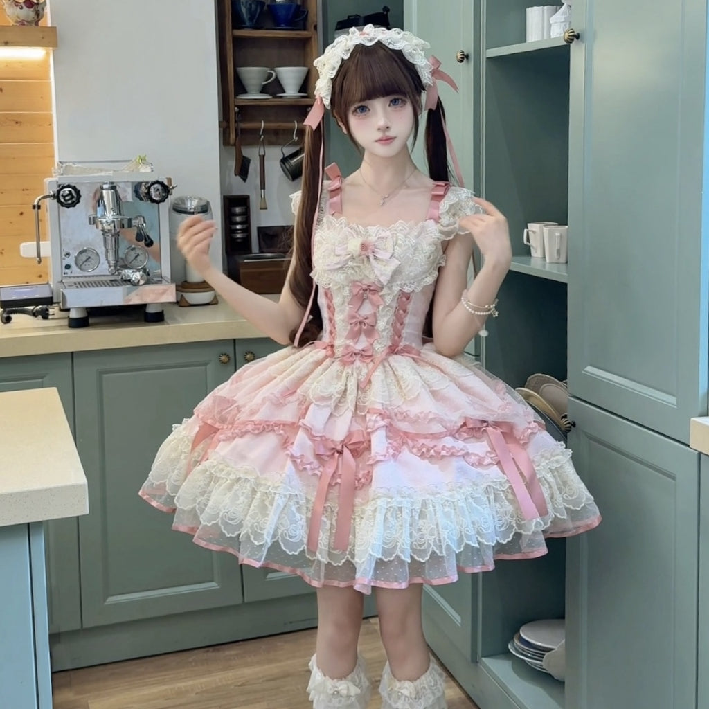 Ballet Dream Lolita JSK – Sweet Layered Cake Dress with Lace & Stretch Waist