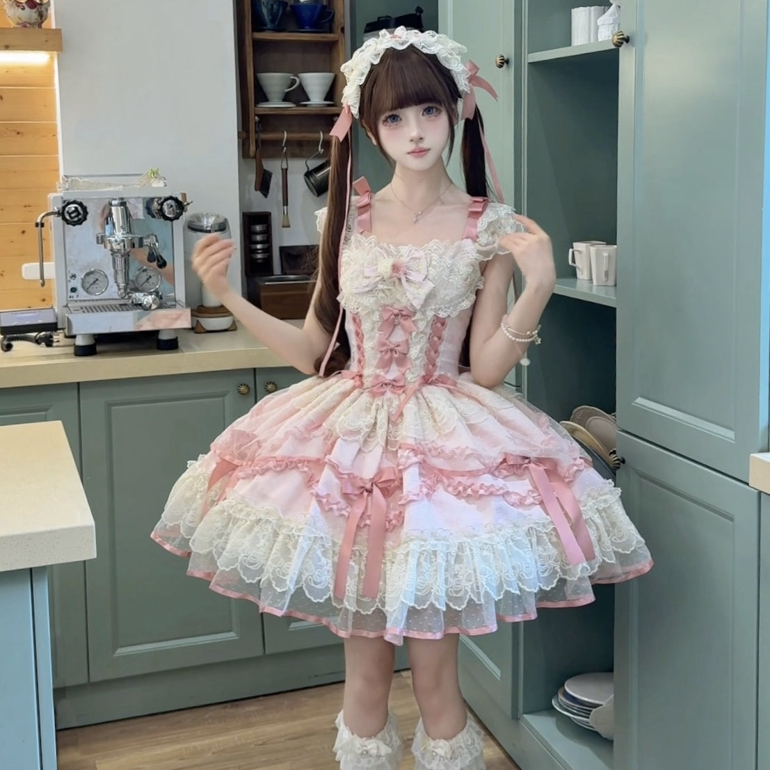 Ballet Dream Lolita JSK – Sweet Layered Cake Dress with Lace & Stretch Waist