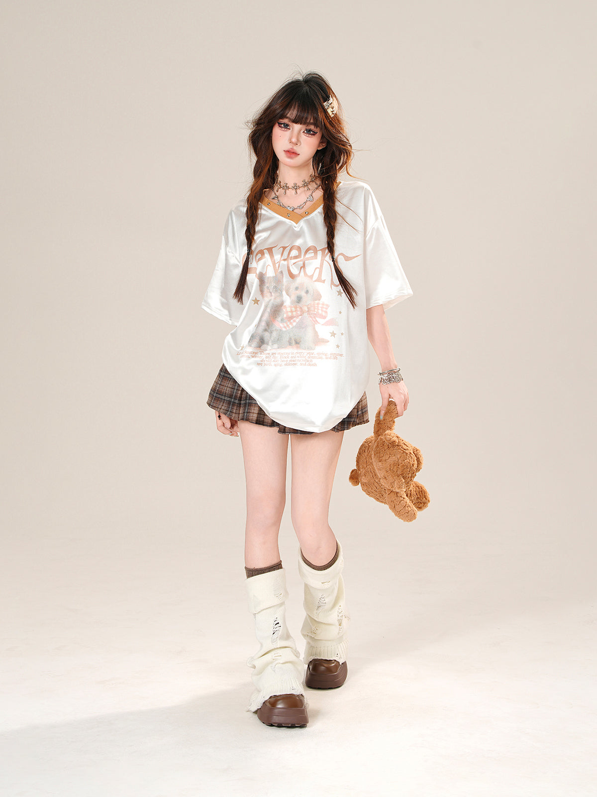 Sweet Satin Cat Print T-Shirt – Loose V-Neck Short Sleeve Top